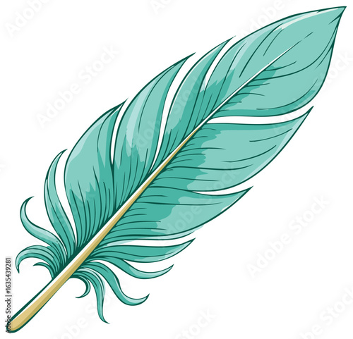 Elegantly illustrated vibrant teal feather, light brown stem, delicate fronds, airy lightness, artistic