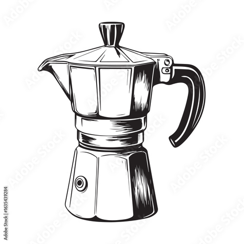 Black and white illustration of a moka pot coffee maker stovetop espresso maker Italian coffee maker 
