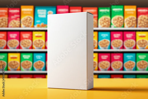 Blank white cereal box mockup on yellow counter with colorful breakfast cereal packages in background