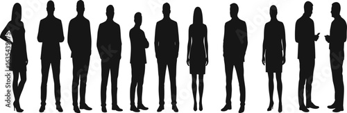Silhouette of business people, standing professionals, office staff, teamwork concept, corporate group, workplace communication, modern employees, business collaboration, formal attire