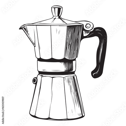 Black and white illustration of a moka pot coffee maker stovetop espresso maker Italian coffee maker 
