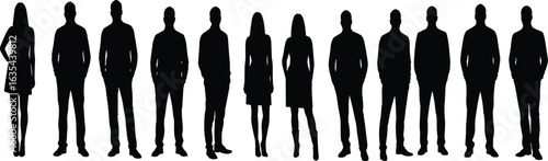Silhouette of business people, standing professionals, office workers, corporate group, teamwork concept, modern employees, formal attire, workplace collaboration, staff communication