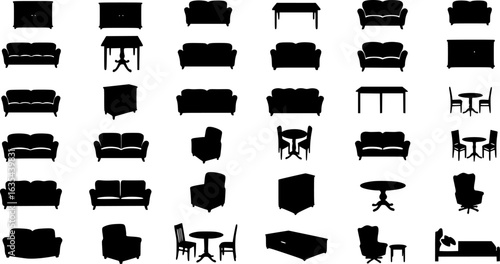 Set of home furniture silhouettes. Interior design icons for living room, bedroom. Armchairs, sofas, tables, chairs, chest of drawers, bed. Vector illustrations isolated