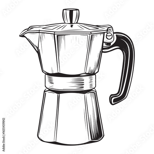 Black and white illustration of a moka pot coffee maker stovetop espresso maker Italian coffee maker 
