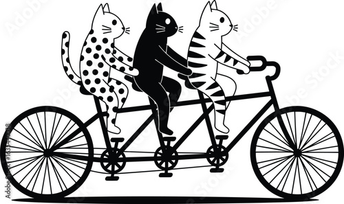Three funny cats riding tandem bicycle, black and white illustration, teamwork, cycling animals, cute cat design, flat vector illustration