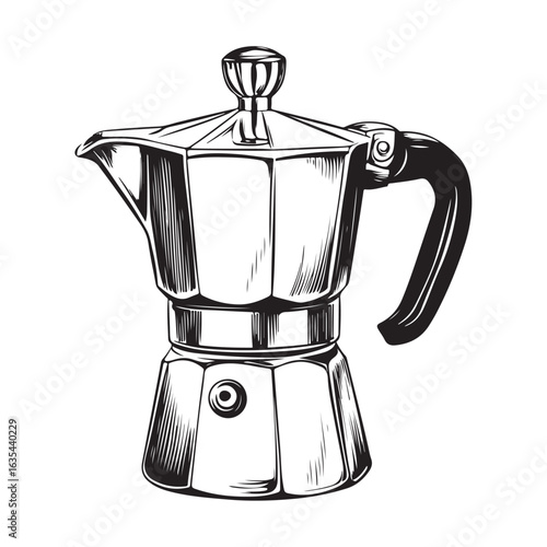 Black and white illustration of a moka pot coffee maker stovetop espresso maker Italian coffee maker 
