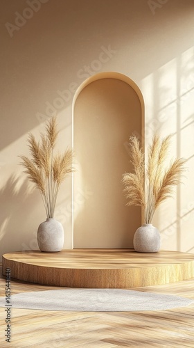 Beige archway interior display with pampas grass and wooden podium.