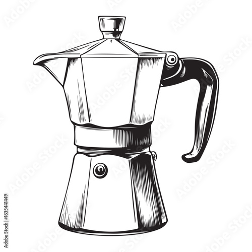 Black and white illustration of a moka pot coffee maker stovetop espresso maker Italian coffee maker 
