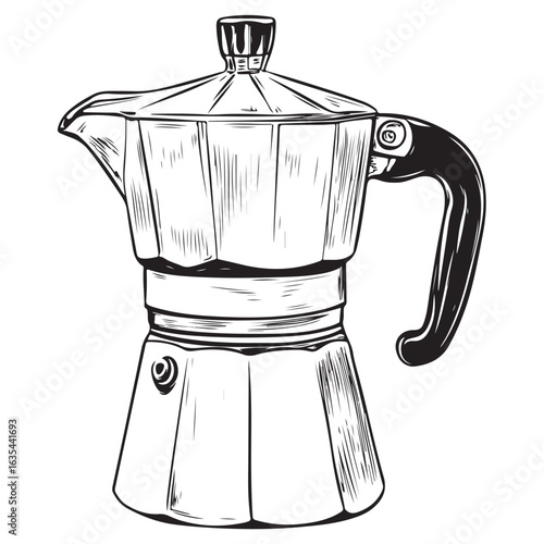 Black and white illustration of a moka pot coffee maker stovetop espresso maker Italian coffee maker 
