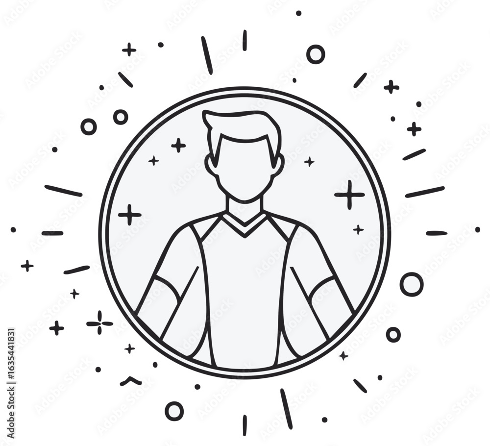 Abstract user profile icon surrounded by positive recognition symbols line illustration Abstract user profile icon surrounded by positive recognition symbols line illustration