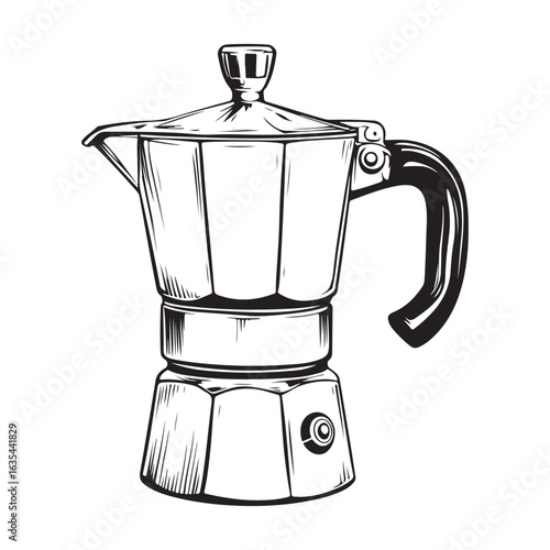 Black and white illustration of a moka pot coffee maker stovetop espresso maker Italian coffee maker 
