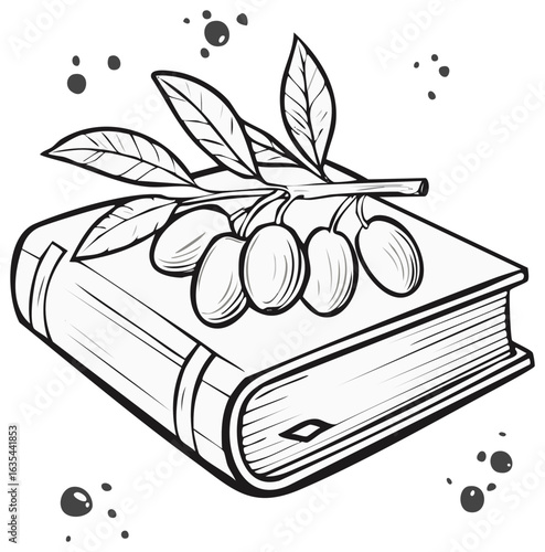 Black and white outline drawing featuring an olive branch and ripe olives atop a classic hardcover book