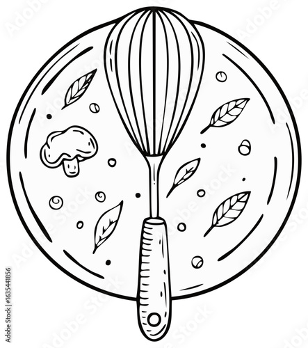 Whisk Surrounded by Leaves Mushroom in Circle Cooking Food Preparation Outline