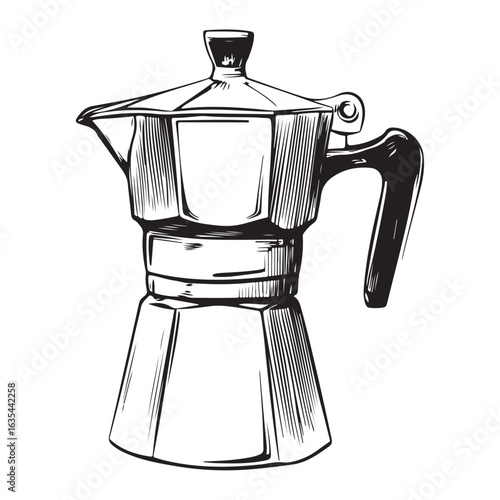 Black and white illustration of a moka pot coffee maker stovetop espresso maker Italian coffee maker 
