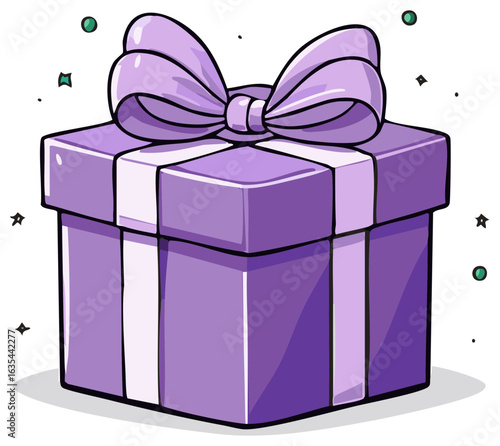 Cartoon illustration of a gift box with a purple bow, festive and celebratory