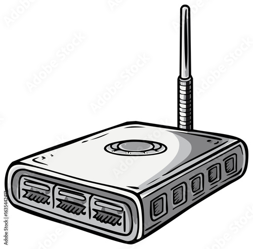 Grayscale cartoon illustration of a wireless internet router with an antenna and network connection ports.