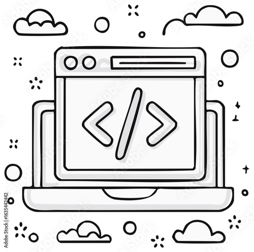 Drawn laptop with code symbols and cloud elements in a doodle style.