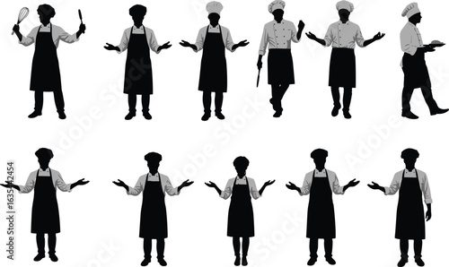 Silhouette of chefs, cooking, holding utensils, wearing aprons, professional kitchen staff, culinary work, food preparation, restaurant service, hospitality industry, standing poses