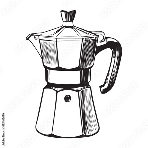 Black and white illustration of a moka pot coffee maker stovetop espresso maker Italian coffee maker 
