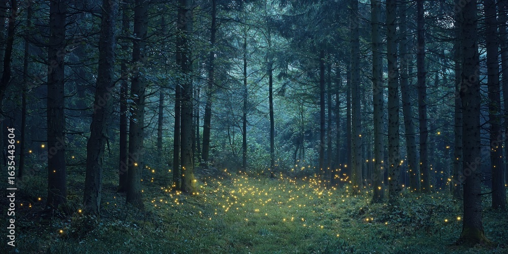 Obraz premium A magical woodland at dusk, where fireflies flicker softly among tall trees