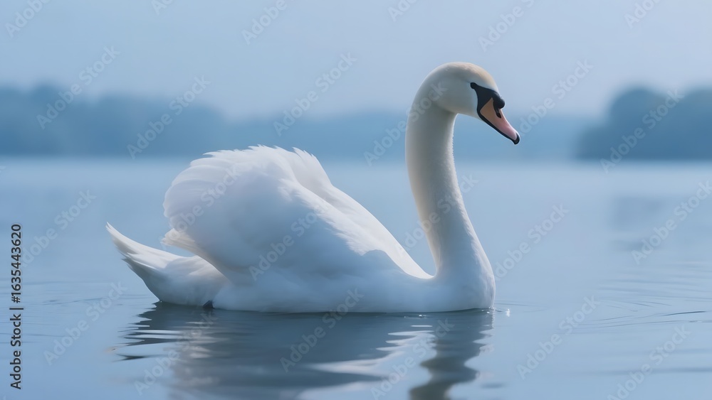 Fototapeta premium A serene white swan glides gracefully across calm waters under a clear sky.