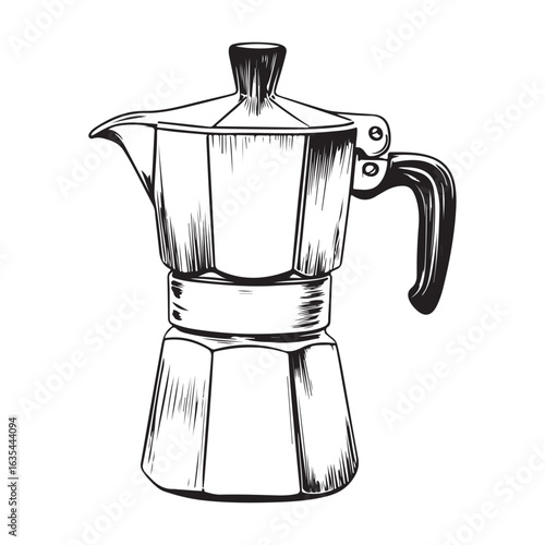 Black and white illustration of a moka pot coffee maker stovetop espresso maker Italian coffee maker 
