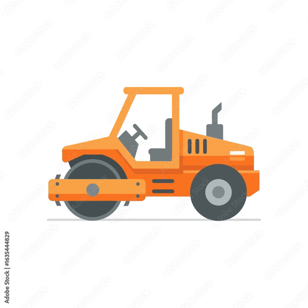 A bright orange road roller, depicted in a clean, flat vector illustration, suitable for educational materials or transportation-themed designs on a white background. A bright orange road roller, depicted in a clean, flat vector illustration, suitable for educational materials or transportation-themed designs on a white background.