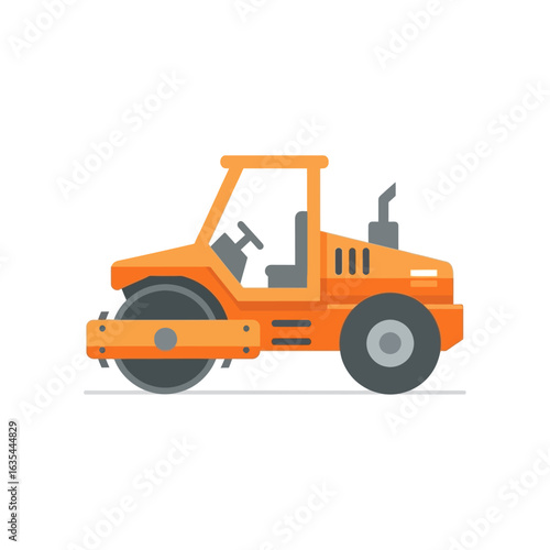 A bright orange road roller, depicted in a clean, flat vector illustration, suitable for educational materials or transportation-themed designs on a white background.