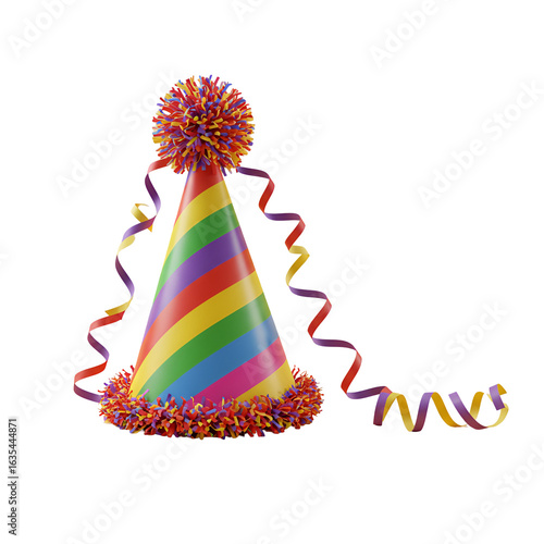Isolated Colorful Party Hat With Ribbons On Transparent Background
