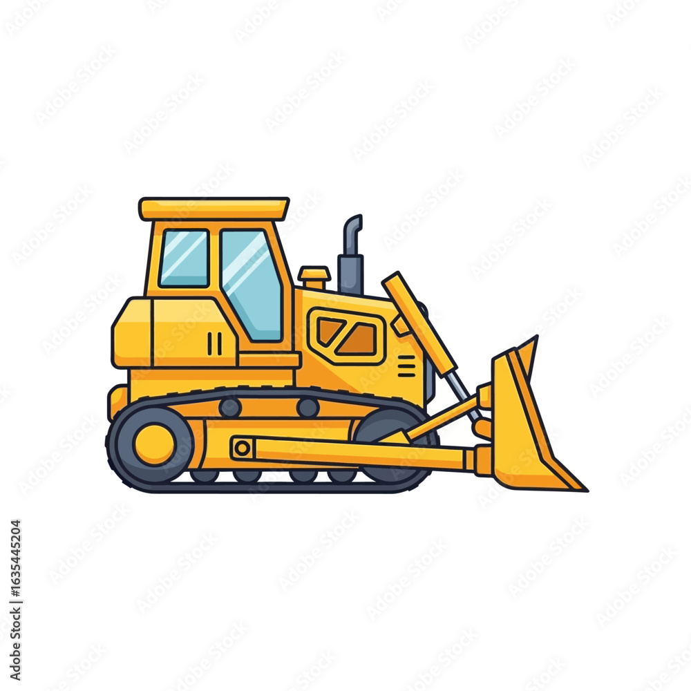 Naklejka premium A vibrant cartoon illustration of a yellow bulldozer, showcasing construction equipment in a clean, white background, perfect for design and educational purposes.