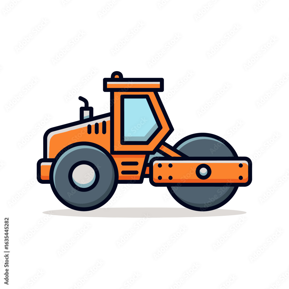 Fototapeta premium A vibrant orange road roller, depicted in a charming cartoon vector illustration style, stands ready for heavy-duty construction and paving work.