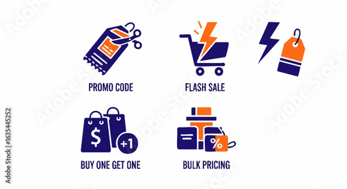 Retail marketing icons flash sale promo codes