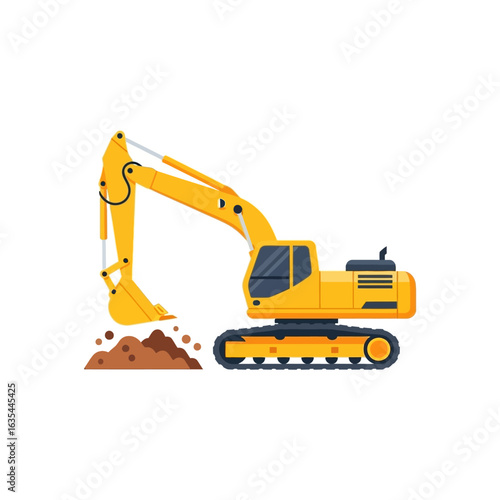 A yellow excavator, illustrated in a flat design style, is shown digging dirt, representing construction and heavy machinery on a white background.