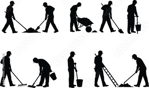 Silhouette of construction workers, shoveling, raking, carrying bucket, using wheelbarrow, climbing ladder, outdoor labor, job site, manual work, industrial tools, hard hat