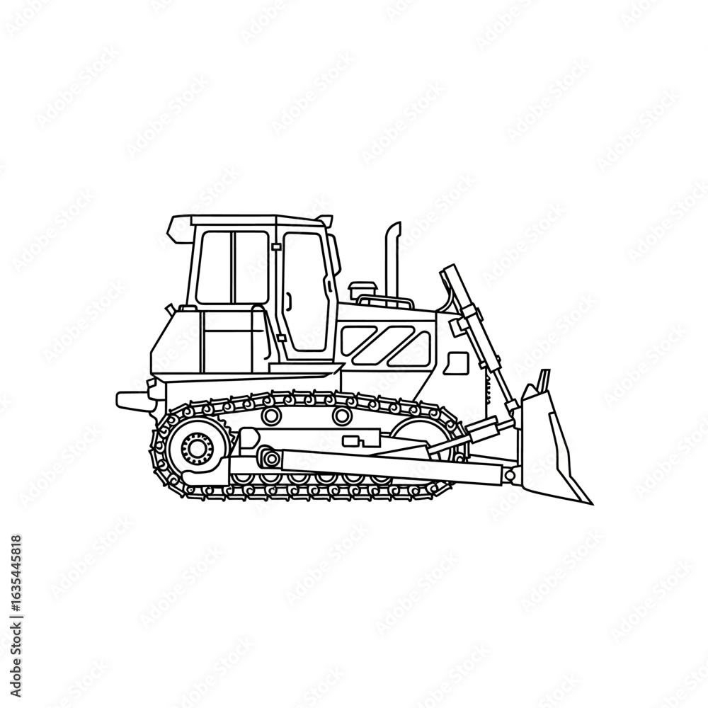 Naklejka premium Line drawing of a powerful bulldozer, a heavy tracked vehicle used in construction and earthmoving projects, shown in profile view with detailed tracks and blade.