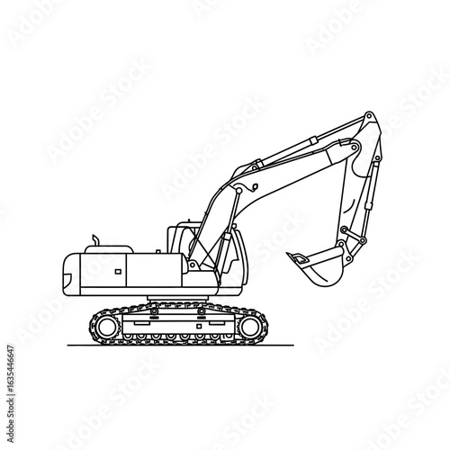 A detailed line drawing depicts a construction excavator, showcasing its mechanical structure and design against a clean white backdrop, perfect for industrial illustrations.