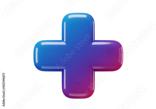 Glossy 3D Plus Symbol with Blue and Purple Gradient on Transparent Background