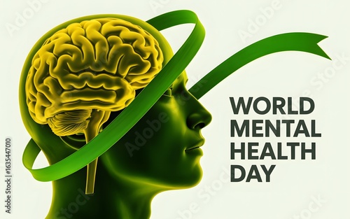 World mental health day awareness with brain and green ribbon symbol