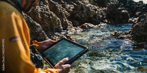 Fototapeta Naklejka Na Ścianę i Meble -  A marine biologist documenting coral reef health with a waterproof tablet