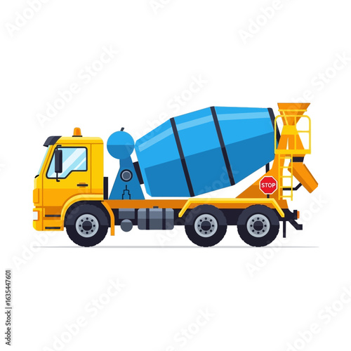 A yellow and blue cement mixer truck is shown in profile view, ready for construction work, isolated on a white background. This vector illustration is perfect for construction, industry, and