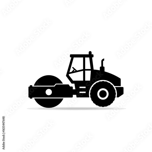 A black and white graphic depicts a road roller, a construction vehicle used for compacting surfaces like roads and pavements, isolated against a white background.