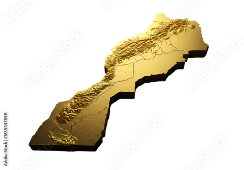 Golden 3D Rendered Map of Morocco Isolated on Black Background