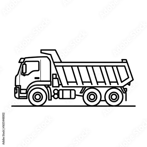Simple line drawing of a dump truck, a heavy-duty vehicle designed for transporting loose material for construction.
