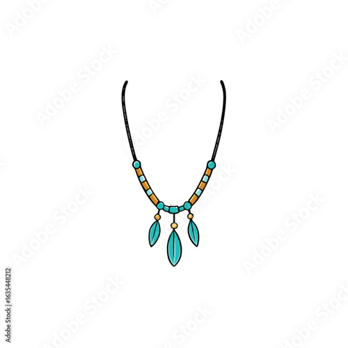 Illustration of a beaded necklace with three leaf pendants on transparent background