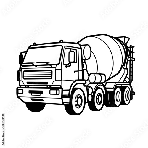A detailed line drawing of a concrete mixer truck, representing construction and heavy machinery in a clean, isolated graphic style.