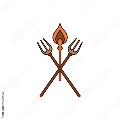 Crossed forks with a central flame symbol on a white background on transparent background