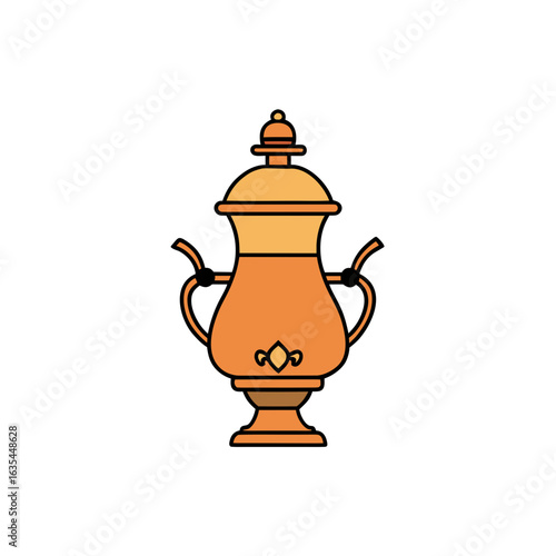 Illustration of an ornate orange and gold colored samovar pot on transparent background