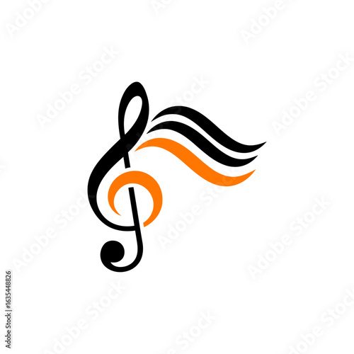 A modern and professional logo with a melodic theme, combining the treble clef with flowing sound waves. It uses a contrasting black and orange color palette for a dynamic and vibrant look.
