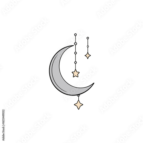 Illustration of a crescent moon with hanging stars on white space on transparent background