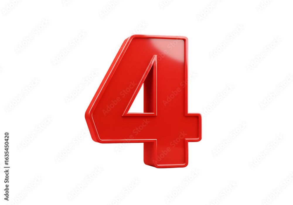 Obraz premium Glossy 3D Render of a Red Number Four Isolated on a Black Background
